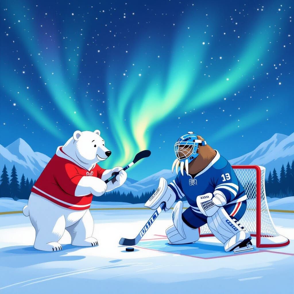 Polar bear and a walrus playing hockey with the walrus being a goalie