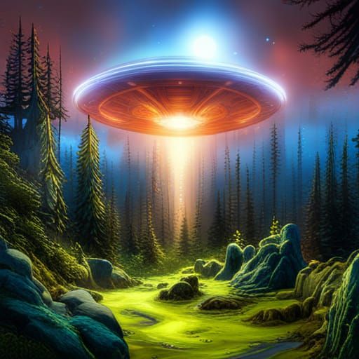 UFO over the night forest - AI Generated Artwork - NightCafe Creator