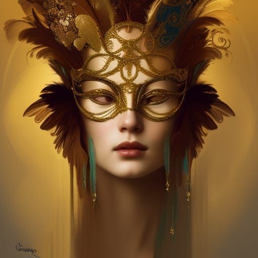 Venetian masquerade of a beautiful woman in a golden mask, v...