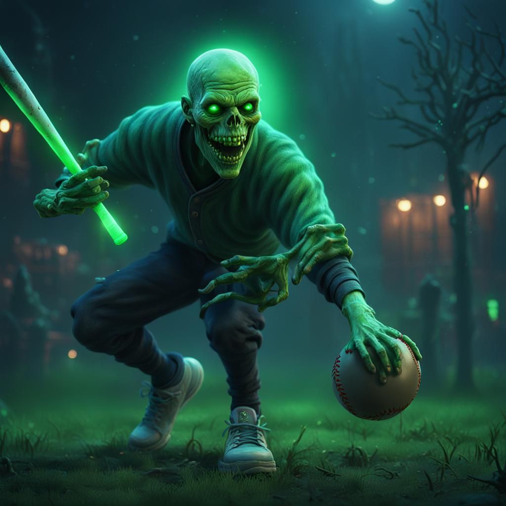 ghoul plays baseball in midnight, green glowing environment ...