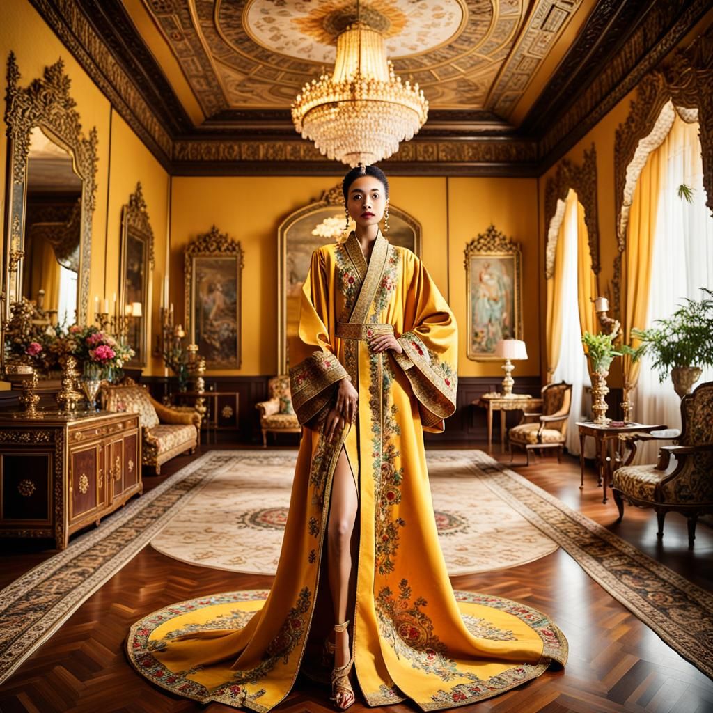 A model wearing an elegant, traditional yellow robe with emb...