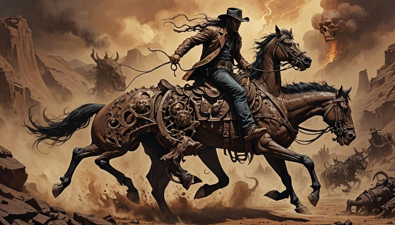 Cowboy from (hell:1.5) riding a horse made of hells engine,
...