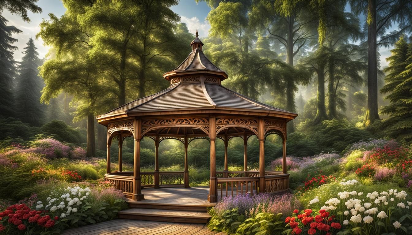 Wooden gazebo in a forest with trees and flowers.  intricate details, HDR, beautifully shot, hyperrealistic, sharp focus, 64 megapixels, per...
