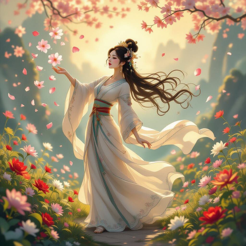 Celestial Goddess Scattering Flowers in Golden Light
