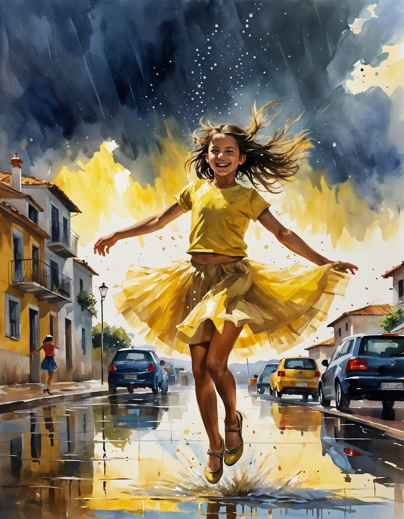 Detailed watercolor painting of a girl happily jumping in puddle during a summer rain   by @Fokje