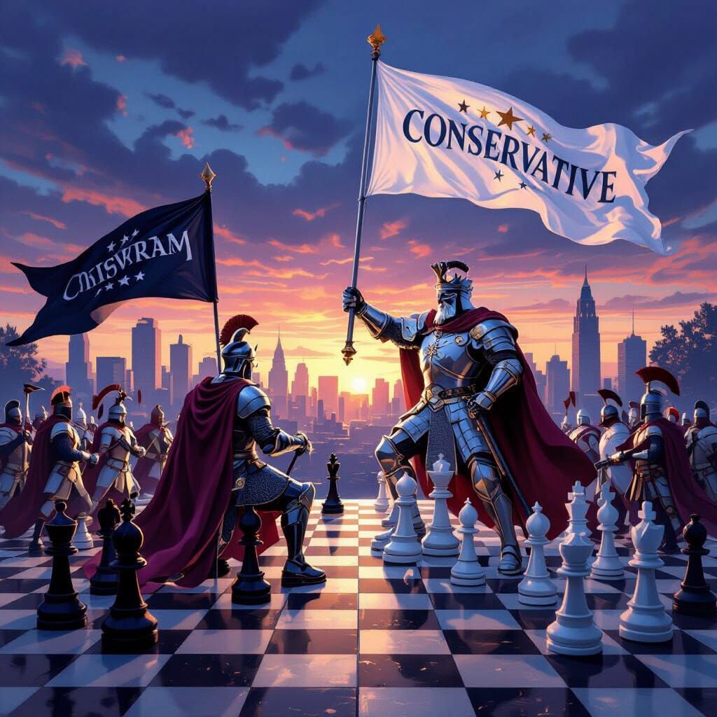 “A symbolic chessboard battle between ideologies: one side represented by Liberalism the other by conservatism under a Western city skyline....