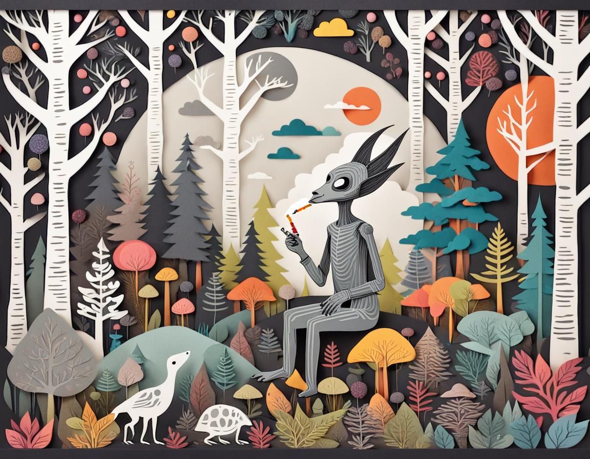 Whimsical and colorful forest scene with a grey alien smokin...