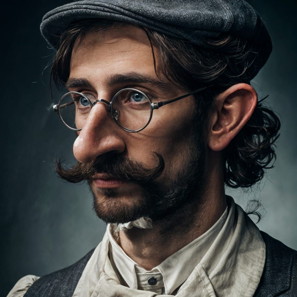photographie hd couleur d'un homme européen de 30 ans gros nez, oreilles décollées, lunettes épaisses en métal gros bouton sur le nez sourci...