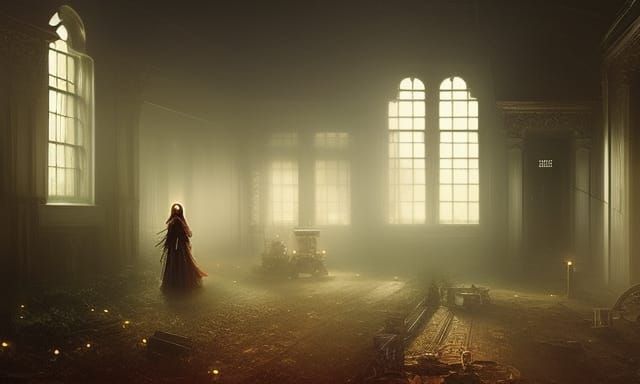 ghostly girl inside a haunted Victorian Insane Asylum at nig...