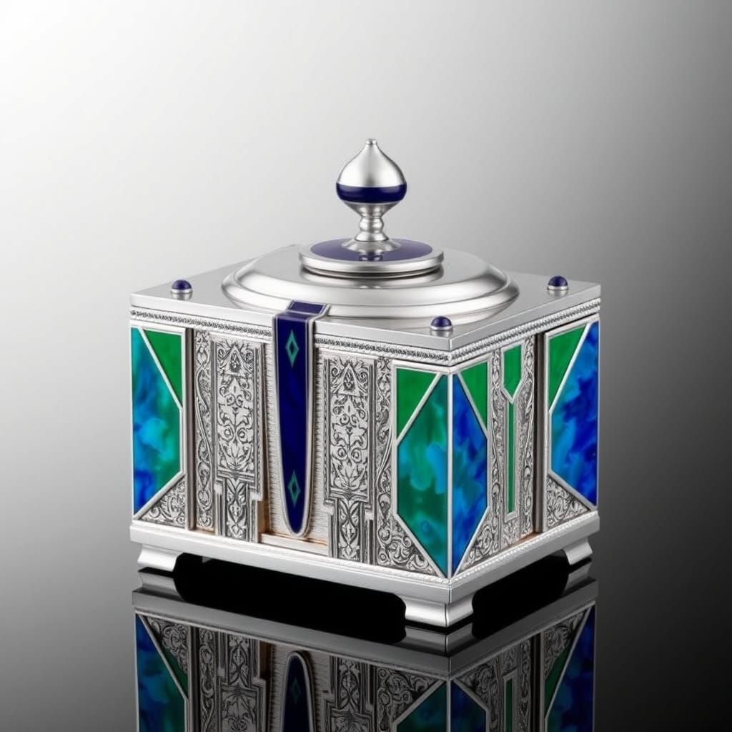 Archibald Knox designs a tea caddy created from silver with blue and green enamel in a simple uncomplicated art deco style