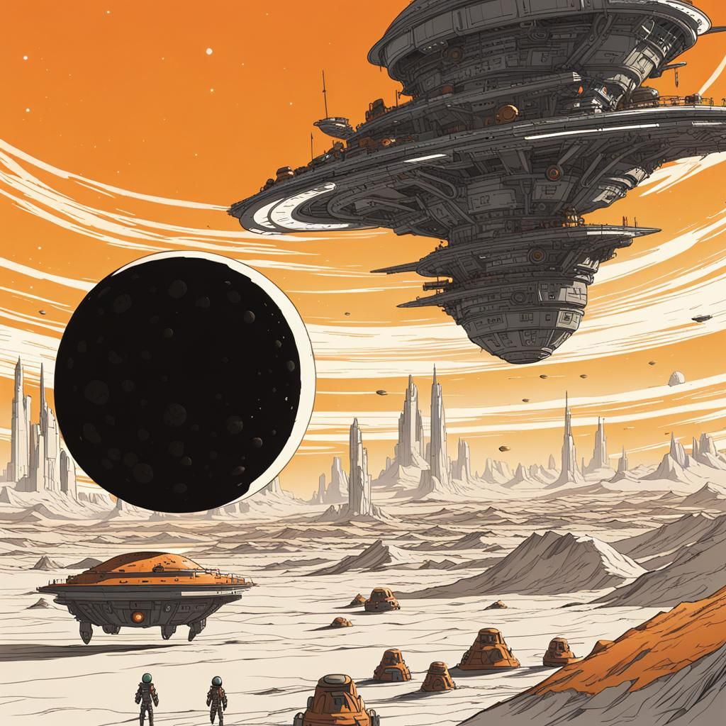 An ominous black sphere hovering over a group a spaceships i...