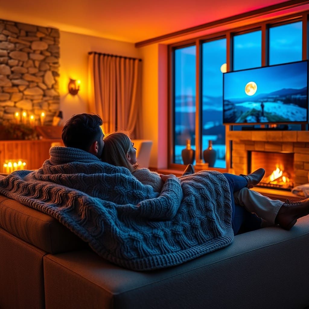 A cozy couple snuggles under a blanket on a couch, watching a
