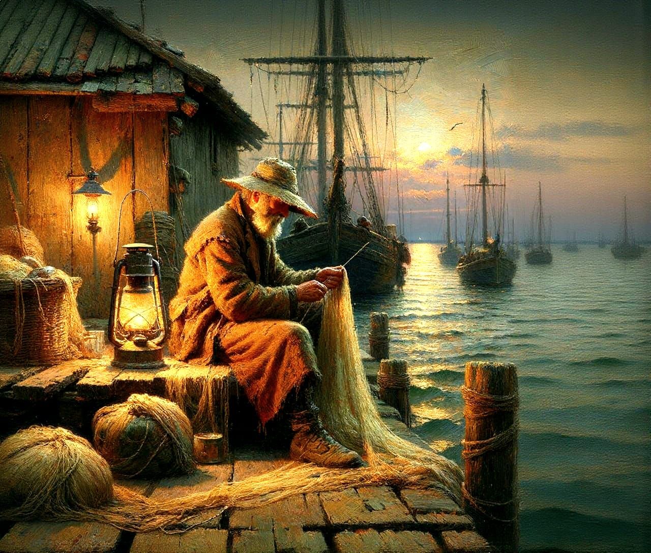  Old fisherman's calm sea under soft moonlight by warm lantern...  by @TienTeERminu