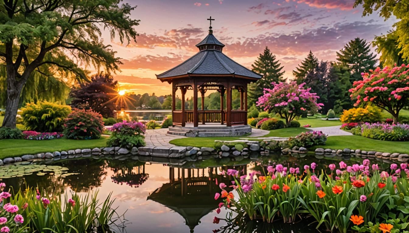 a vibrant garden scene at sunset featuring a traditional wooden gazebo with a pagoda-style roof and a ...  by @undefined