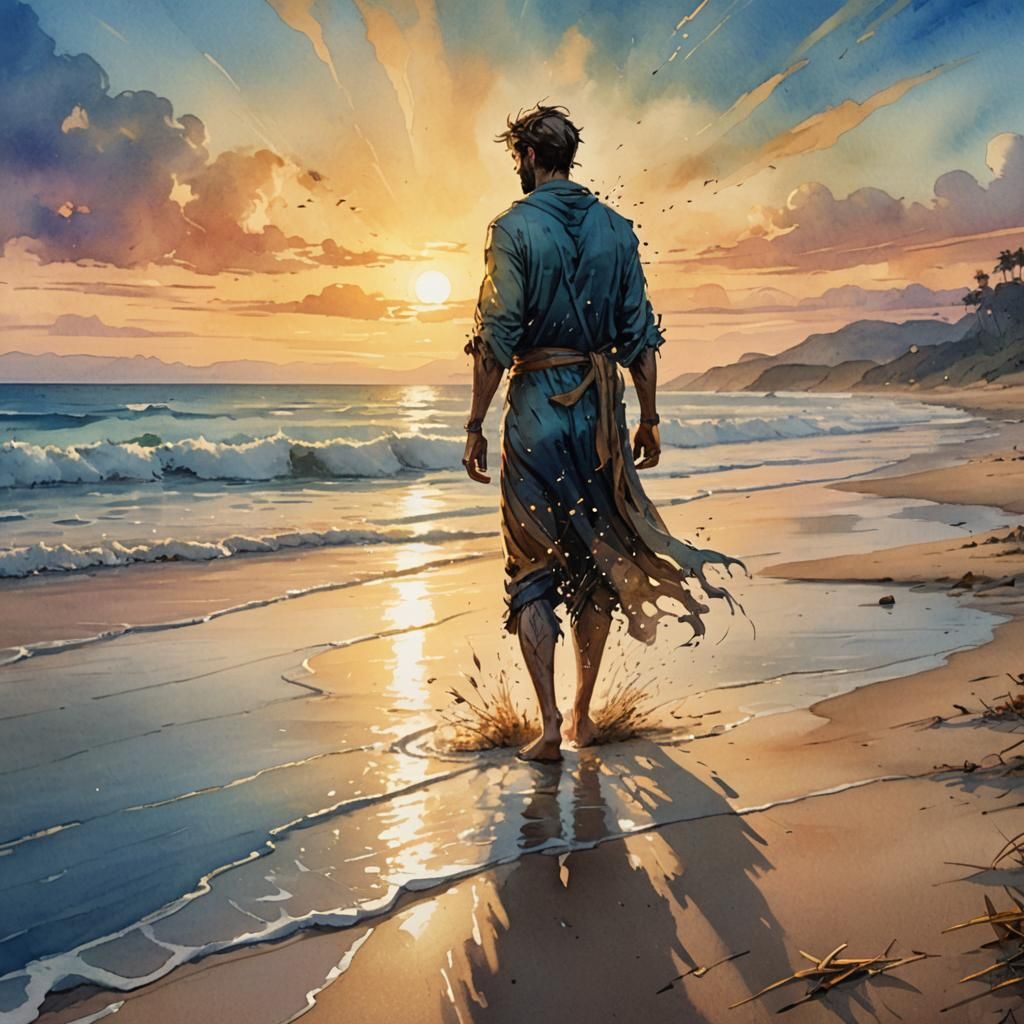 Fantasy Beach Sunset in Watercolor Ink Style