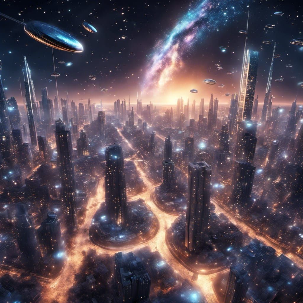 Overview futuristic city ,milkyway ,fireflies , glitter .sup...