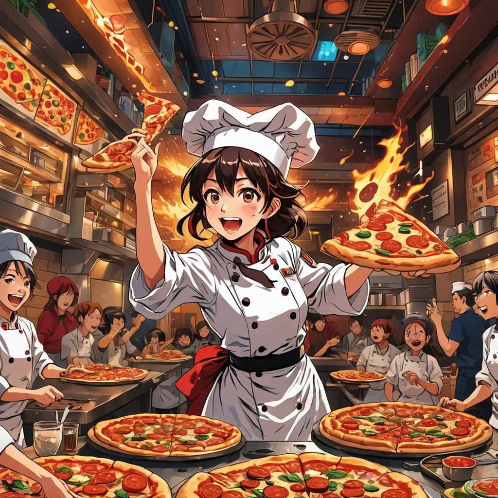 Anime Chef Celebrates Pizza in Restaurant, Splash Art