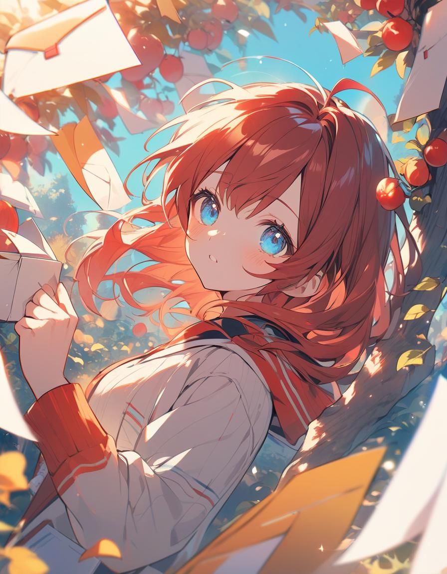 Girl in Orchard Receives Letters: Anime Style