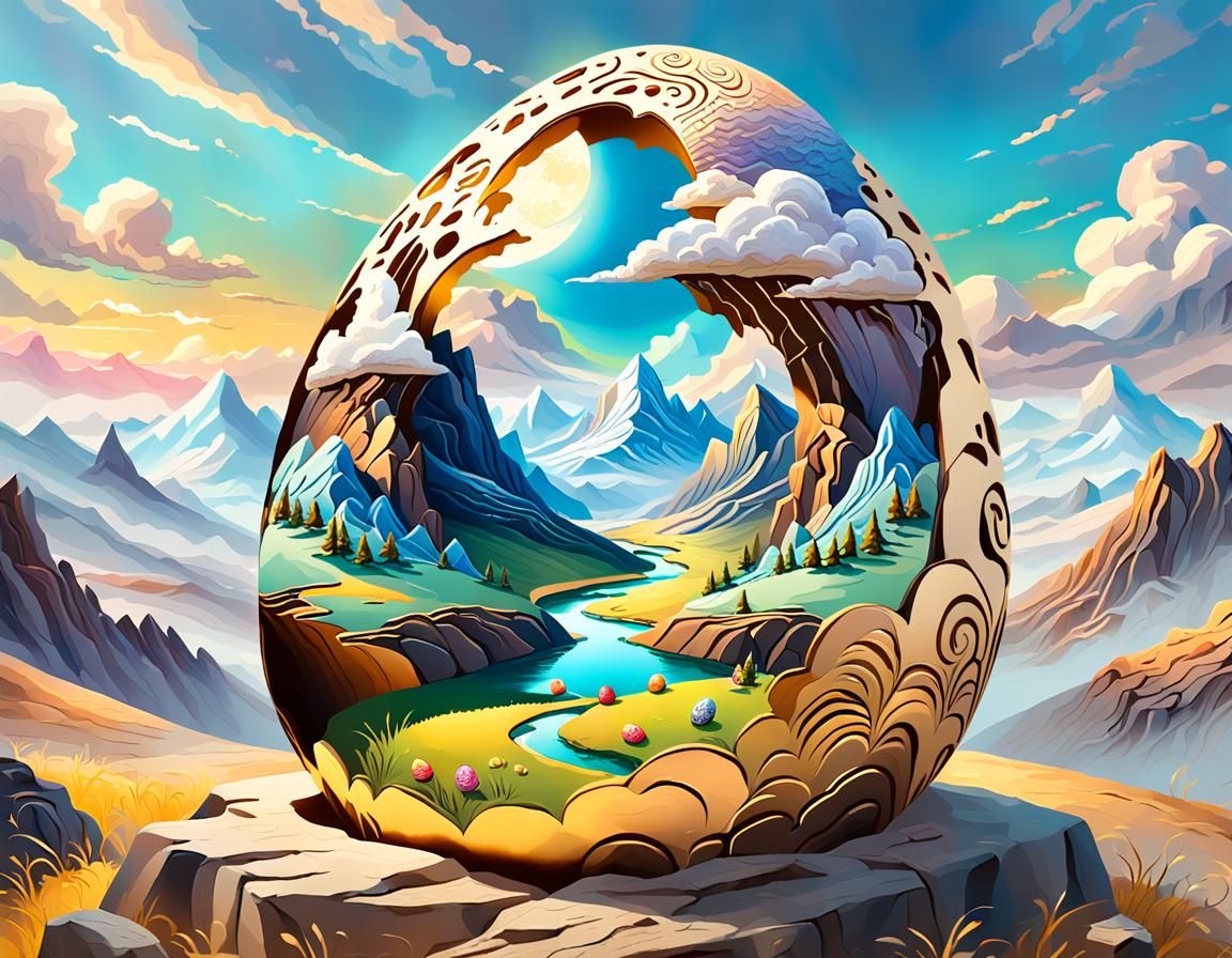 Easter egg with cut outs as a gateway to another world
