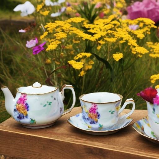 Blurry and abstract British tea set on a table in a meadow with bouquet