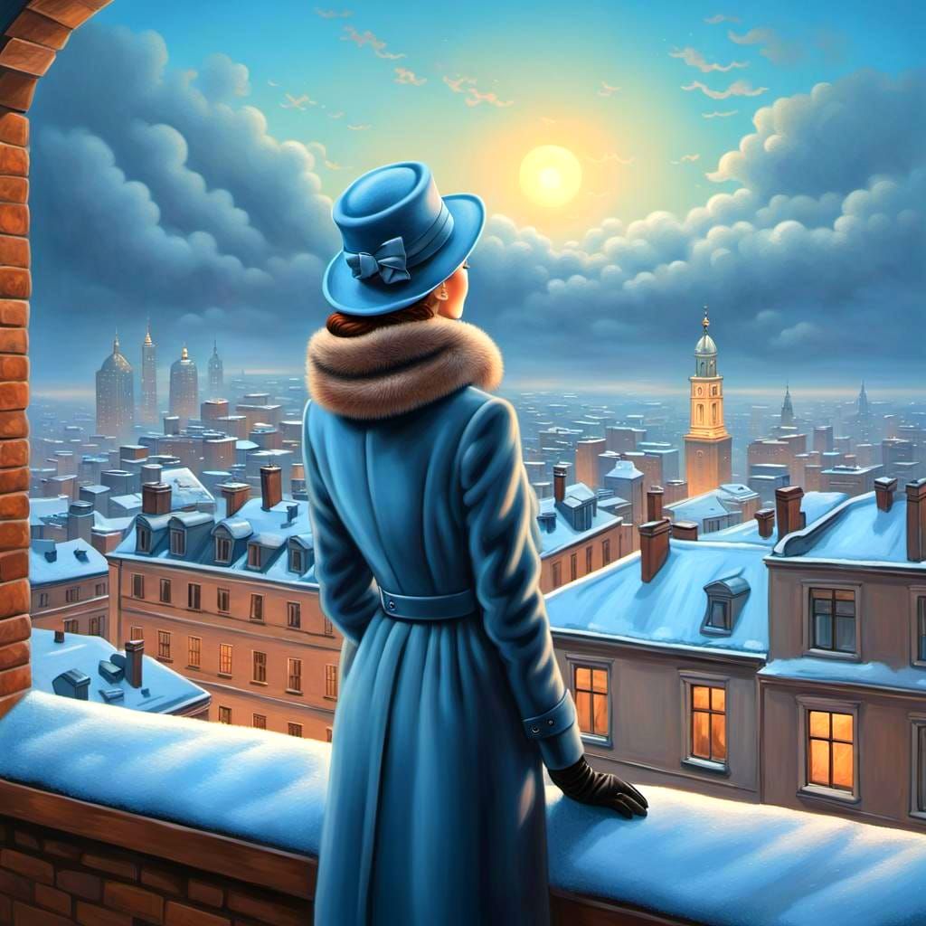 Enigmatic Lady Contemplates Winter Cityscape in Dusk