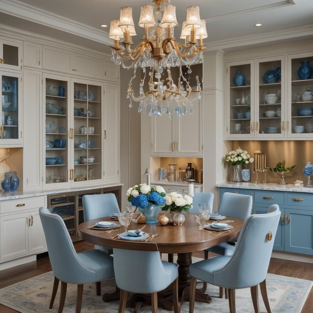 Elegant Kitchen Interior with Crystal Chandelier