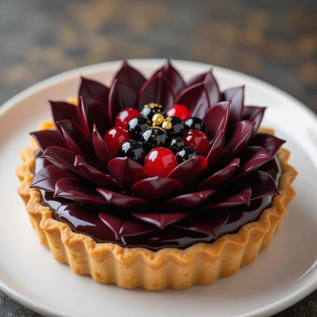 Michelin star creation: circular tart base topped with overlapping chocolate petals arranged like a blooming flower, center filled with glos...