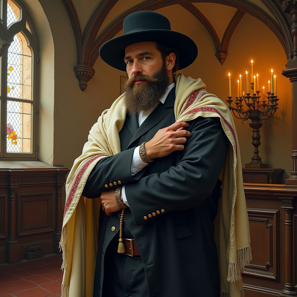 Hasidic Man Praying in Ancient Synagogue