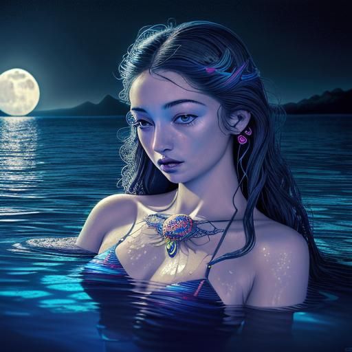 "mind blowing beutifull lady swimming in the moon"