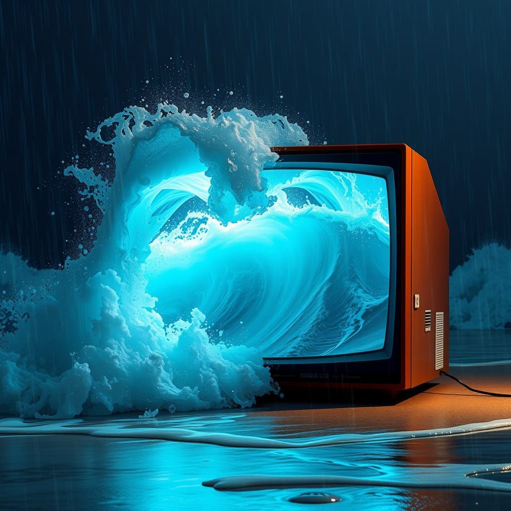 TV static forming a giant irridescent wave, crashing into a ...