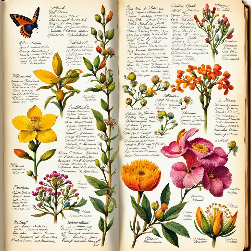 Botanical Ink Drawings - layout of an artist's vintage nature drawing album  by @Taylor