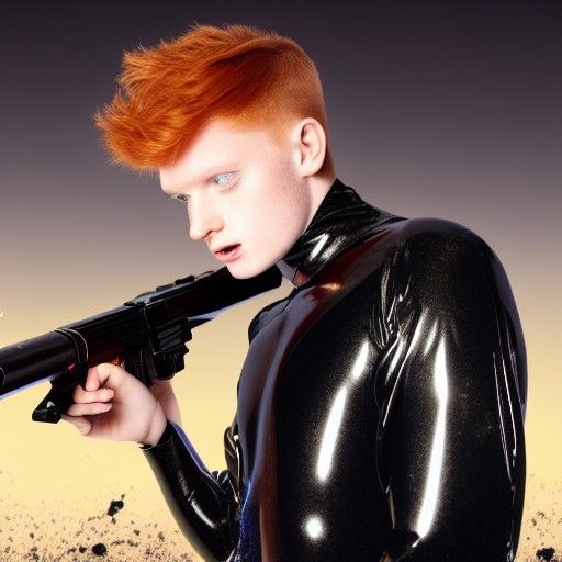 Ginger Twink boy with midpart hair style in black super shiny rubber suit  with grim face looking towards the viewer, holding a futuristic s... - AI  Generated Artwork - NightCafe Creator