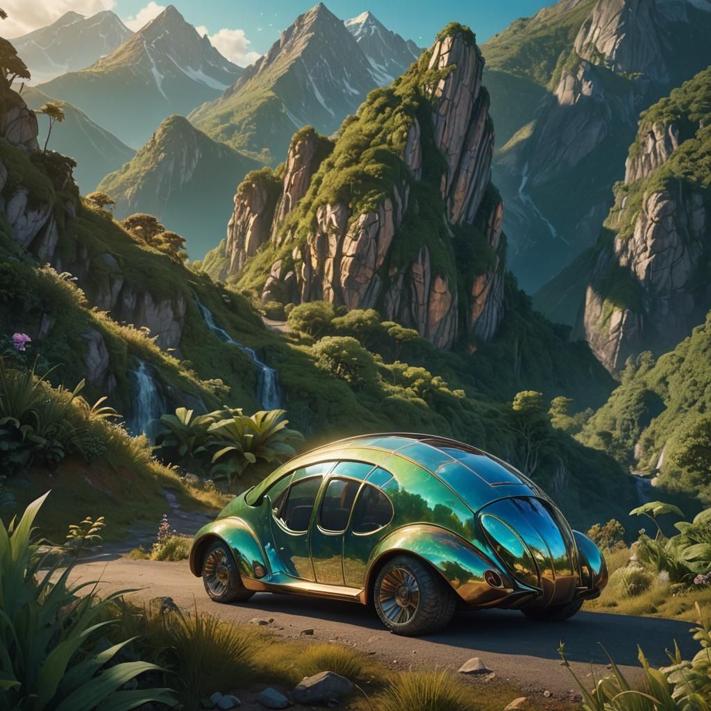 Shell Vehicle by Mountains with Glowing Vegetation
