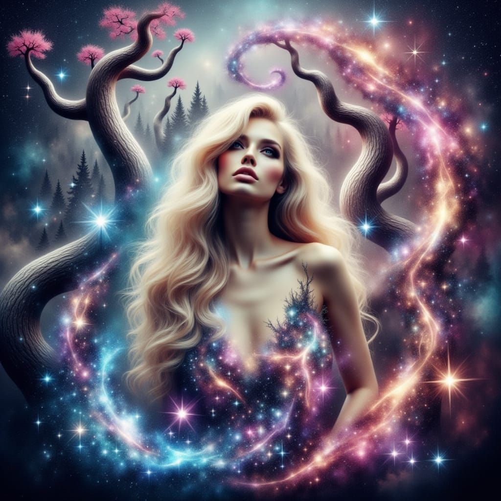 Her hair cascades in waves <lora:SparklePortraits:1.0> surrealist. a beautiful woman. pink and blonde purple hair Beautiful woman and Captiv...