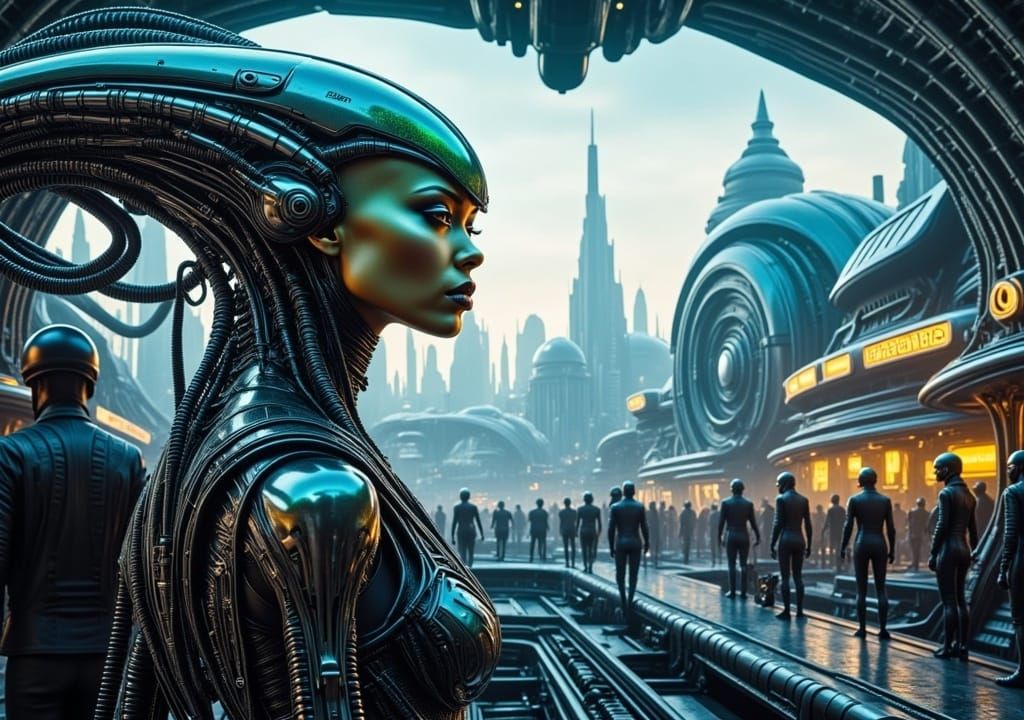 Different Original uncommun <lora:Flux Alien biopunk:1.0>Alien with cinematography in the style of popular dark Netflix and Prime scifi seri...
