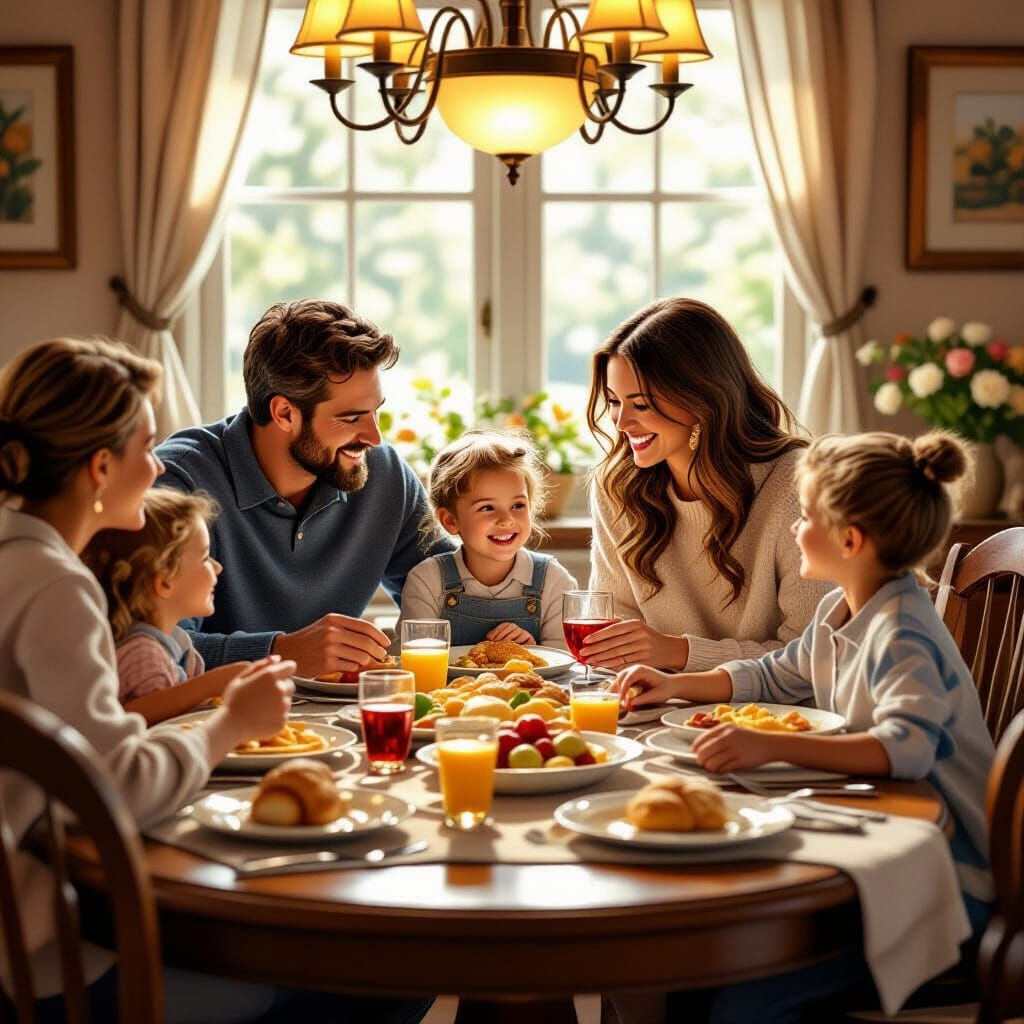 Family Dinner Scene in Warm Painterly Style