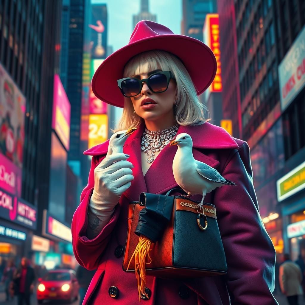 Lady Gaga takes her pet seagull for a walk in New York whilst eating ramen noodles from her Gucci handbag 