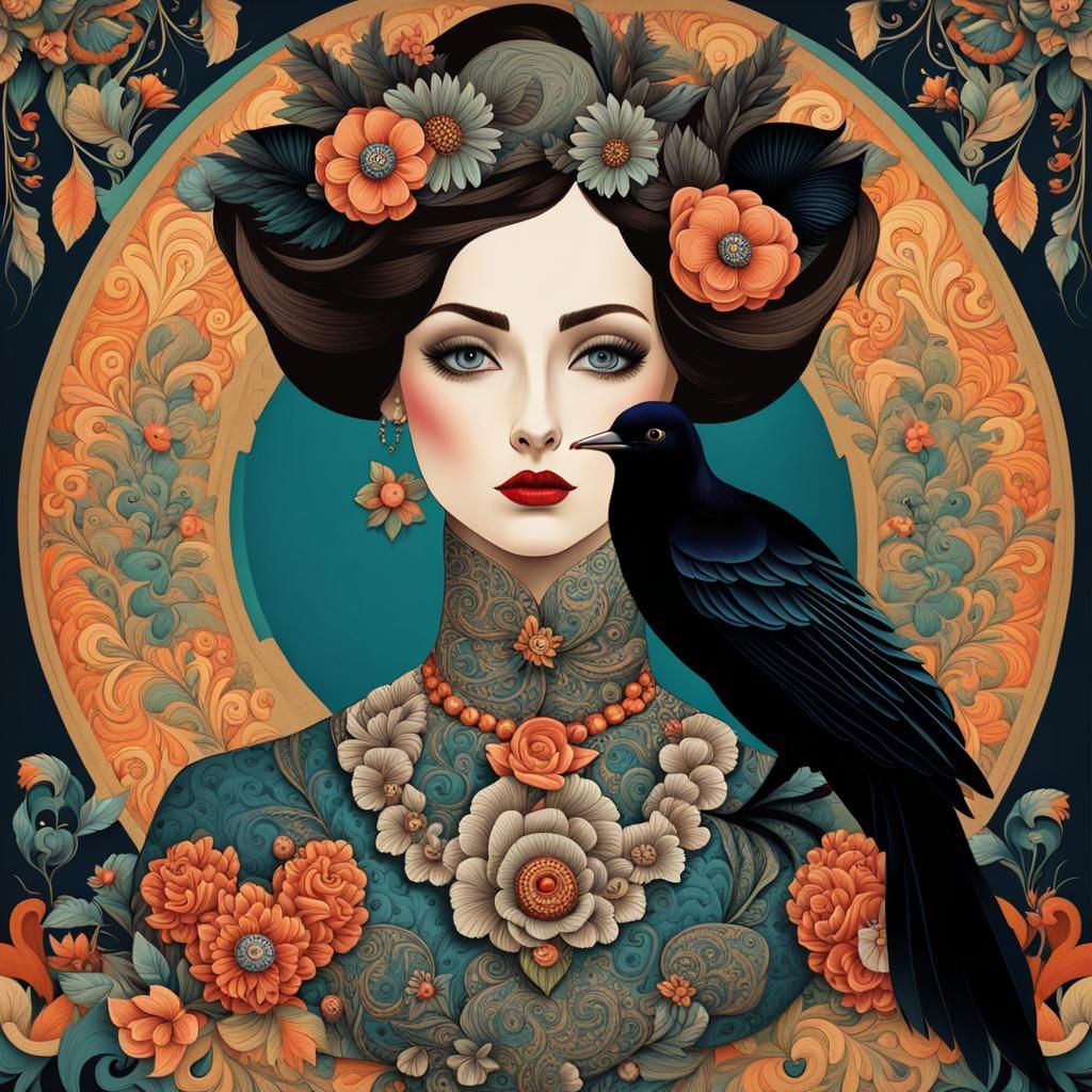 Folk Art Floral Raven Lady - AI Generated Artwork - NightCafe Creator