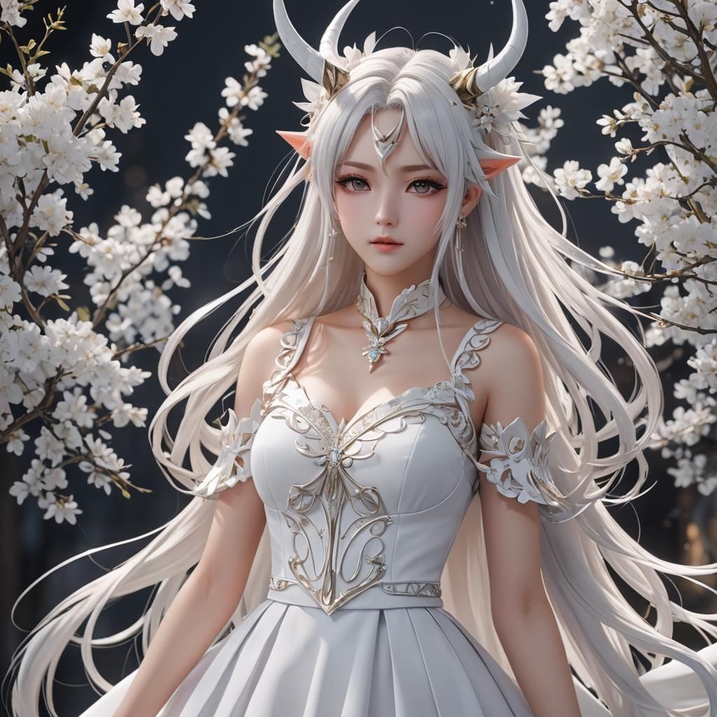 Anime girl with white long hair white horns and a withe dres...