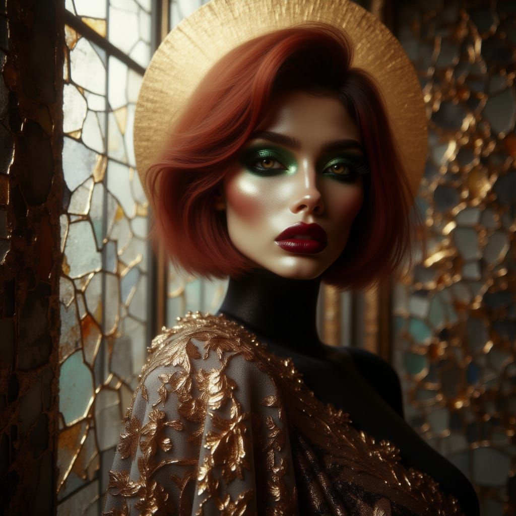 <lora:Cathedral Couture:1.0> A cinematic portrait of an ethereal Irish woman in cathedral-inspired couture, bathed in diffused golden light ...
