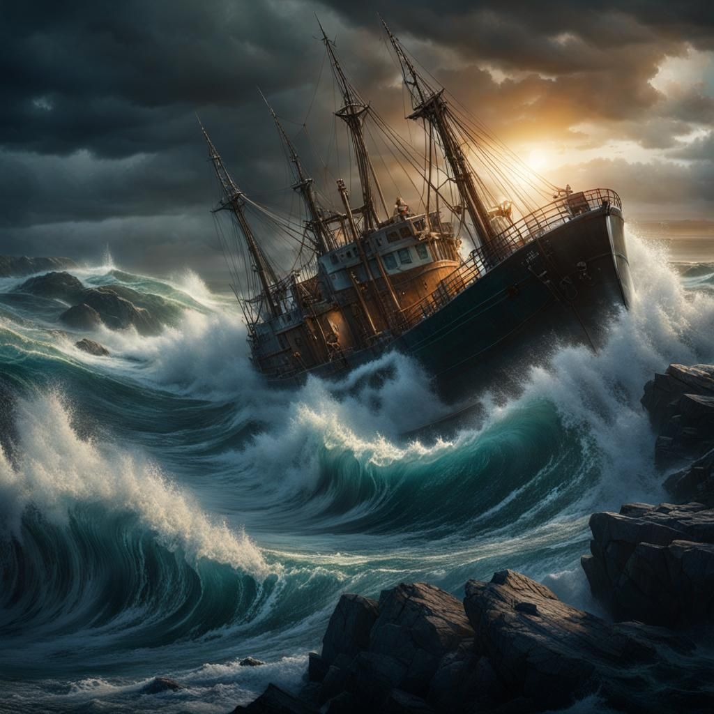 Natures fury - Monstrous Waves and Rocks against a Fishing Trawler  by @Murray
