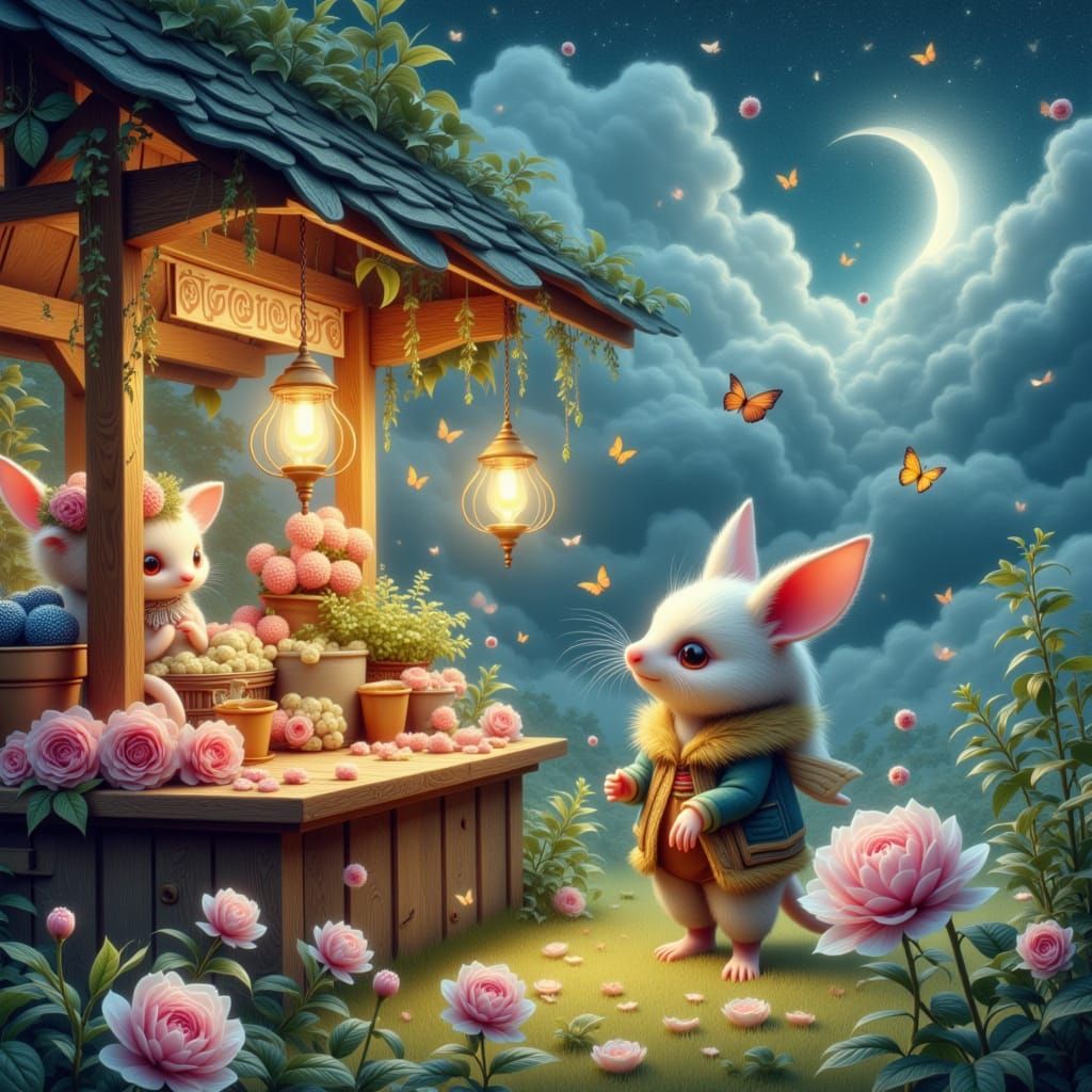 Watercolor painting. A whimsical scene of a farmstand run by anthropomorphic opossums. They are selling enchanted berries and moonpetal flow...