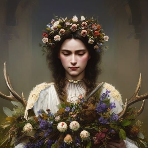 Deer horn crown with twigs, flowers and barb wire