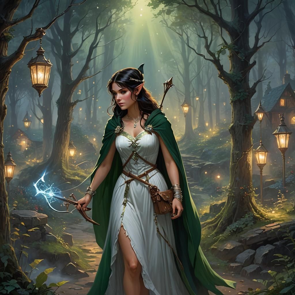 Ethereal Elf Archer in Forest at Night
