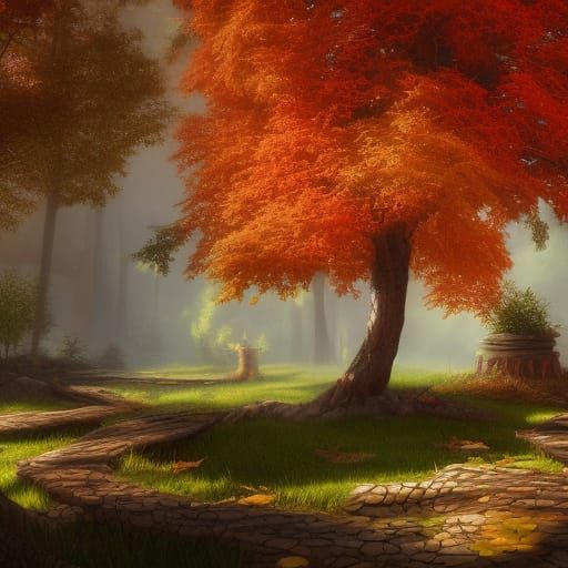 A backyard with autumn trees