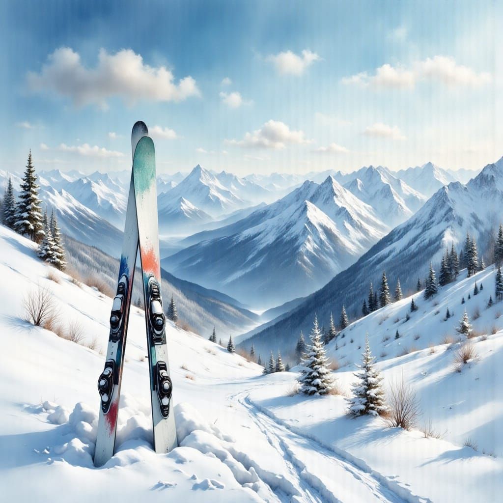 Vibrant Ski Gear in Snowy Mountain Landscape