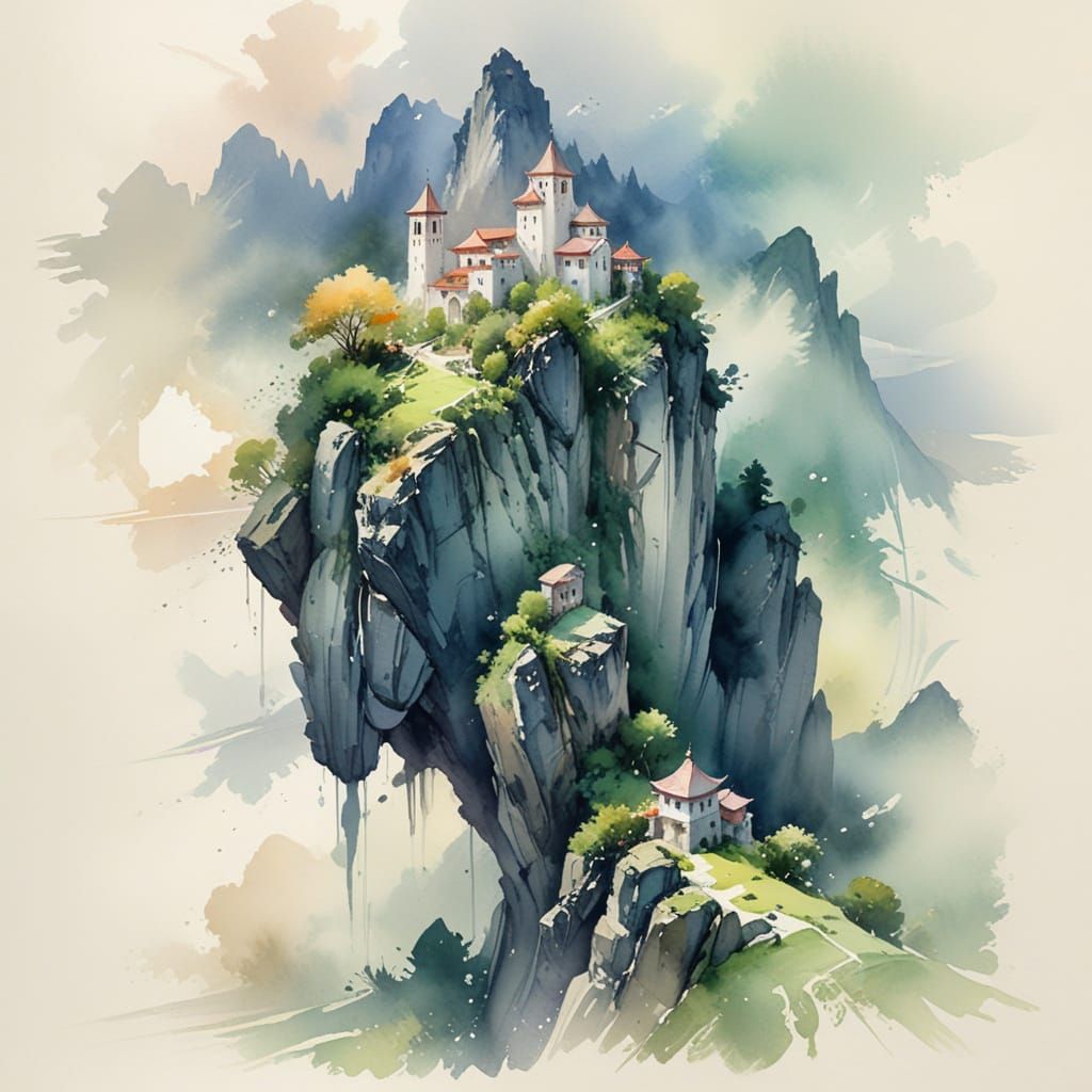 Misty Mountain Monastery Watercolor Illustration