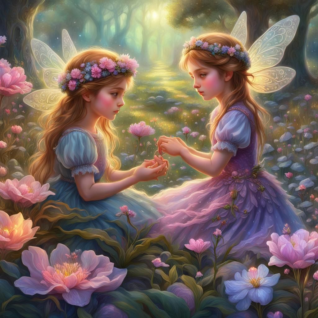 Adorable beautiful fairies playing, whimsical, Fantasycore, azaleas ...