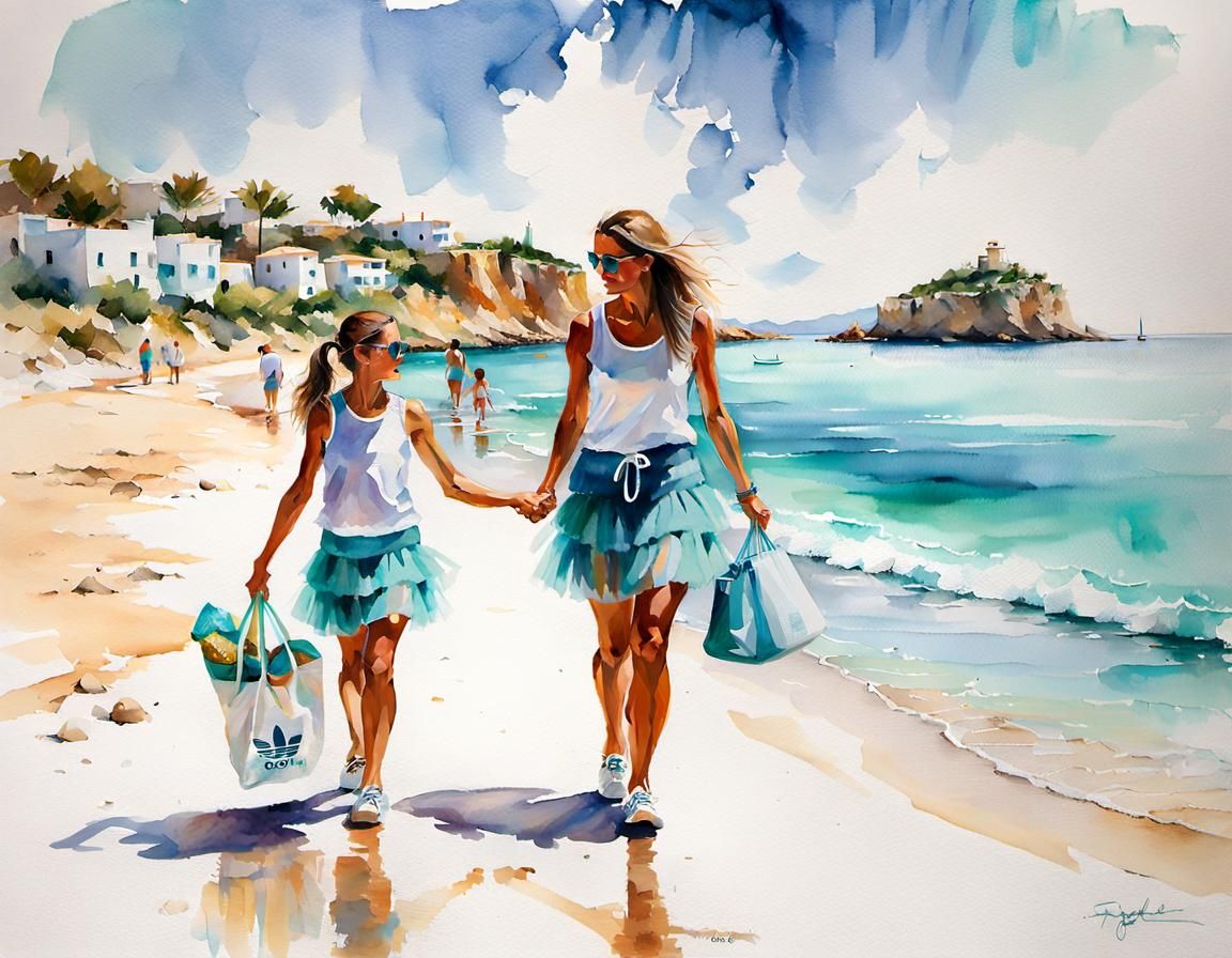 Detailed watercolor of mother and daugter walking along the ...