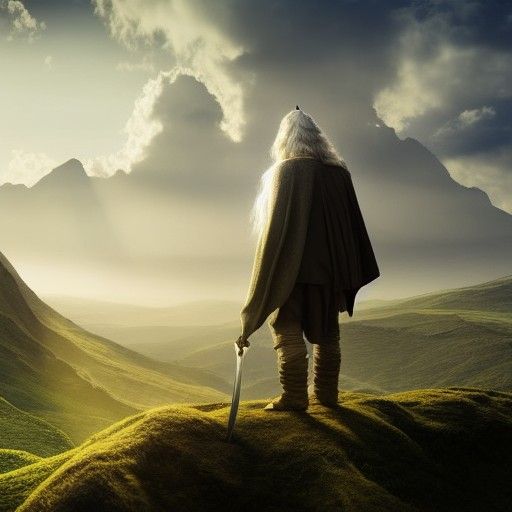 Frodo Baggins with Gandalf, looking over a tall cliff, fantasy, hyper ...